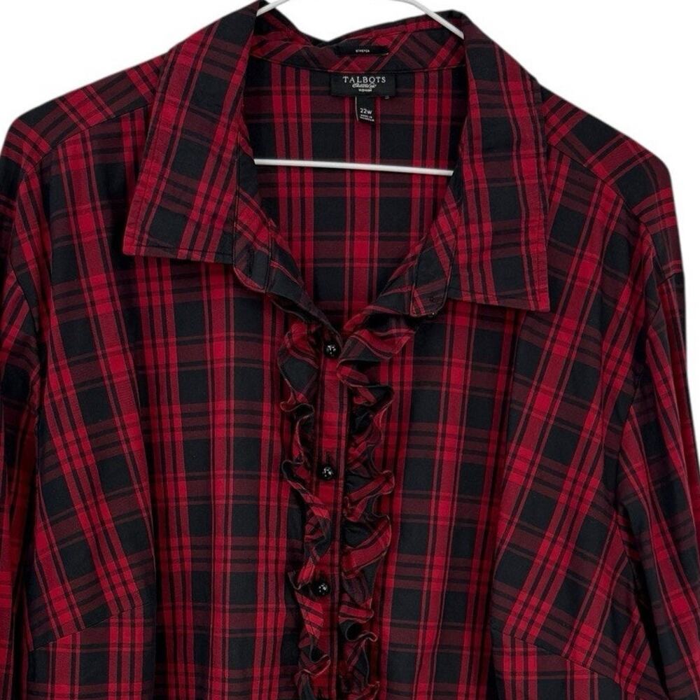 Talbots Woman 22W Red Tartan Plaid Popover Shirt Ruffled 1/4 Button Preppy